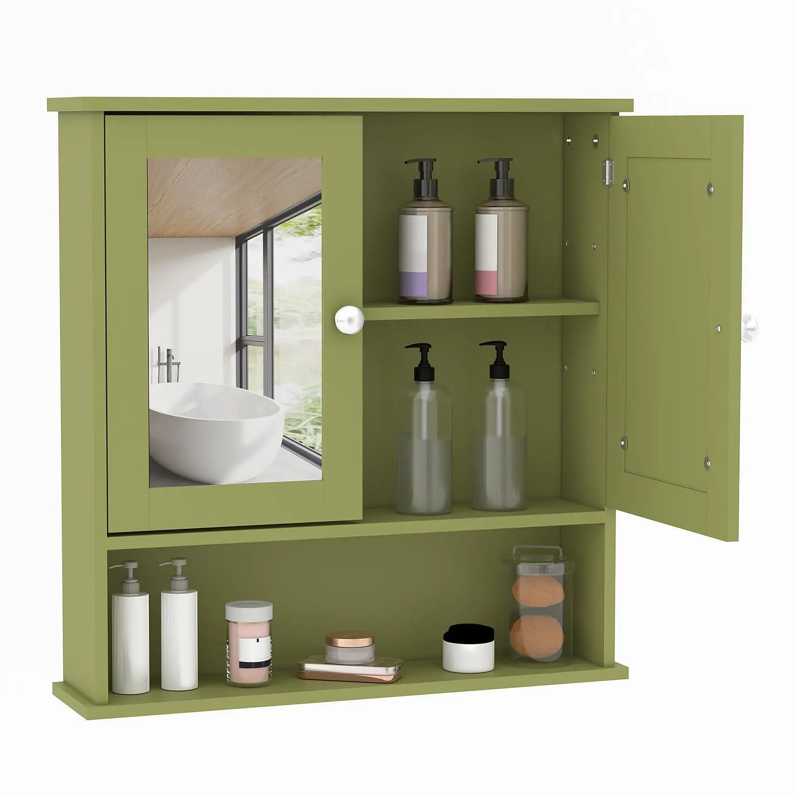 Garvee Bathroom Wall Cabinet with Mirror, Wall Mounted Bathroom Medicine Storage Cabinet with 2 Doors, Adjustable Shelf and Open Compartment, Over Toilet Hanging Cabinets for Bathroom, Laundry Room, Green