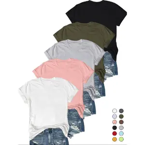 5-Pack, Round Tee, Casual Short Sleeve T-Shirt, Women's Daily Sports Wear, Basic Top