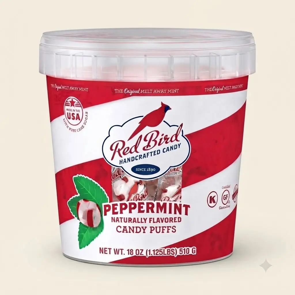 Red Bird Soft Peppermint Candy Puffs 18 oz Tub Allergen Free Gluten Free Melt In Mouth Refreshing Mint Party Candy Tub