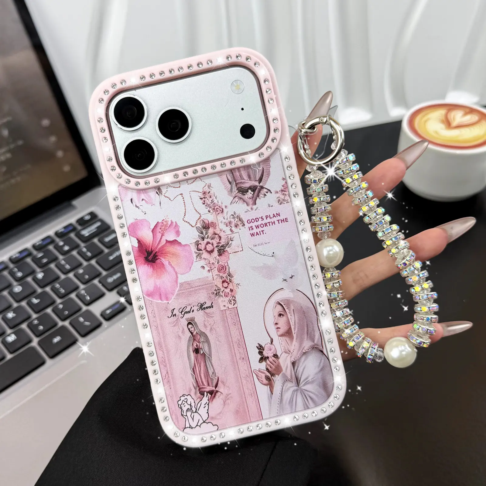 Our Lady of Guadalupe Pink Rhinestone iPhone Series Case with Pearl Wristlet Keychain, Rhinestone Camera Ring - Shockproof Protection for iPhone 11/12 Pro/13/14/15 Plus/16 Pro Max/17, Unique Religious Art Aesthetic Cute Gift for Her