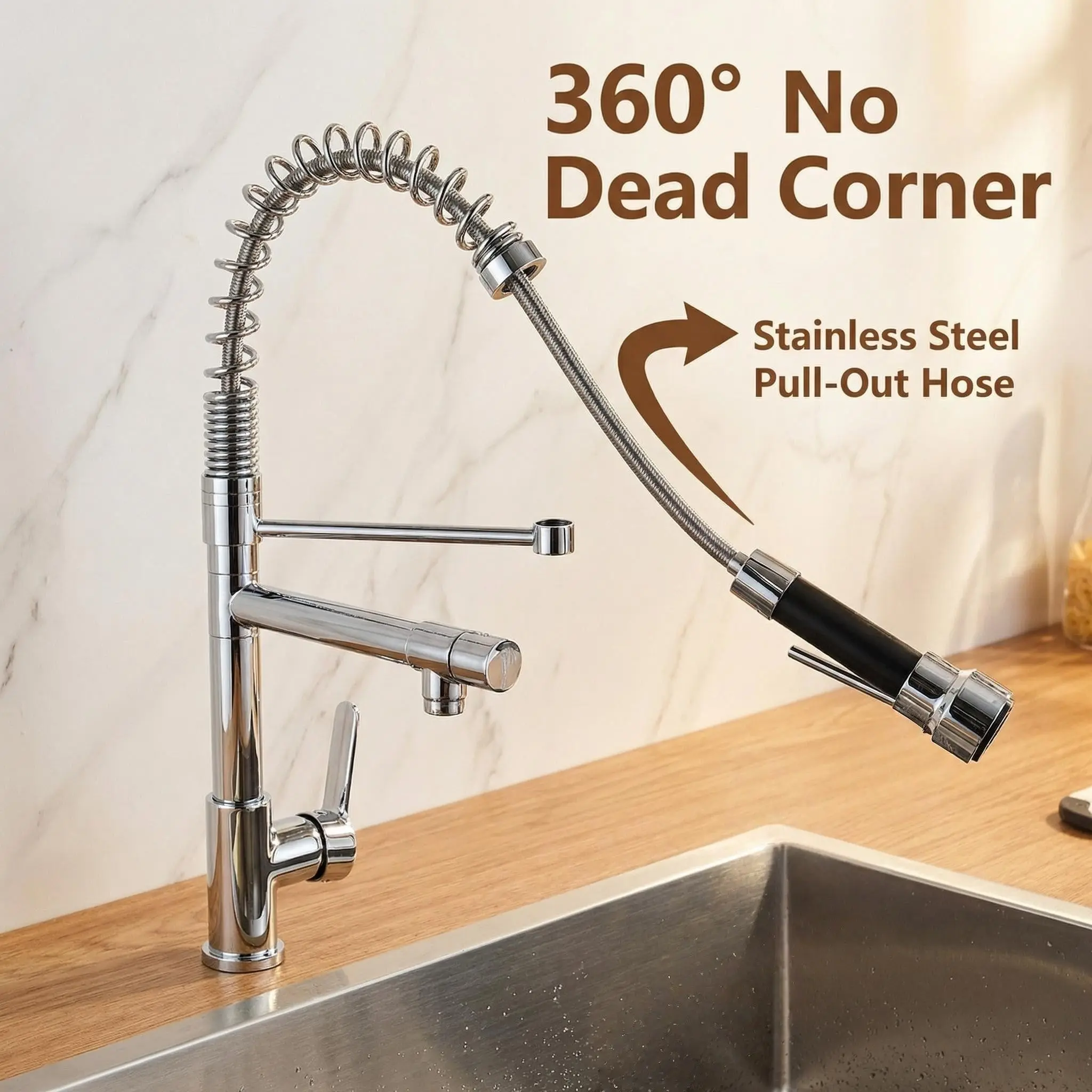 Kitchen Spring Dual Faucet Pull-Down Multifunctional Durable Multi Purpose Rotatable Twin Outlet Cold Hot Sink Pressure Washer Stainless Steel Faucet Kitchen Faucets With Pull Down Sprayer