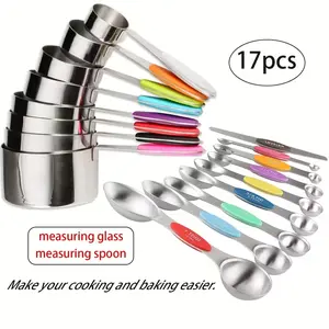Mothers Day Gifts for Her-Measuring Cups and Spoons Set Stainless Steel 17 Piece for Cooking and Baking (8 Cups + 9 Spoons, Colorful Handles)