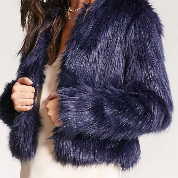 Navy Faux Fur Cropped Jacket Stylish Fashion Coats
