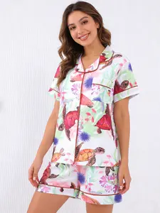 Women's Turtle Print Short Sleeve Top and Shorts Set, Comfortable Soft Skin-Friendly Elastic Waist, Casual Home Wear for All Seasons, Pajama Set
