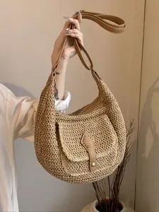 Women's Fashionable Bohemian Straw Bag, Large Capacity Shoulder Bag for Daily Used, Casual Trendy Versatile High-quality Daily Commuting Bag, Girl Fashionable Shopping Bag