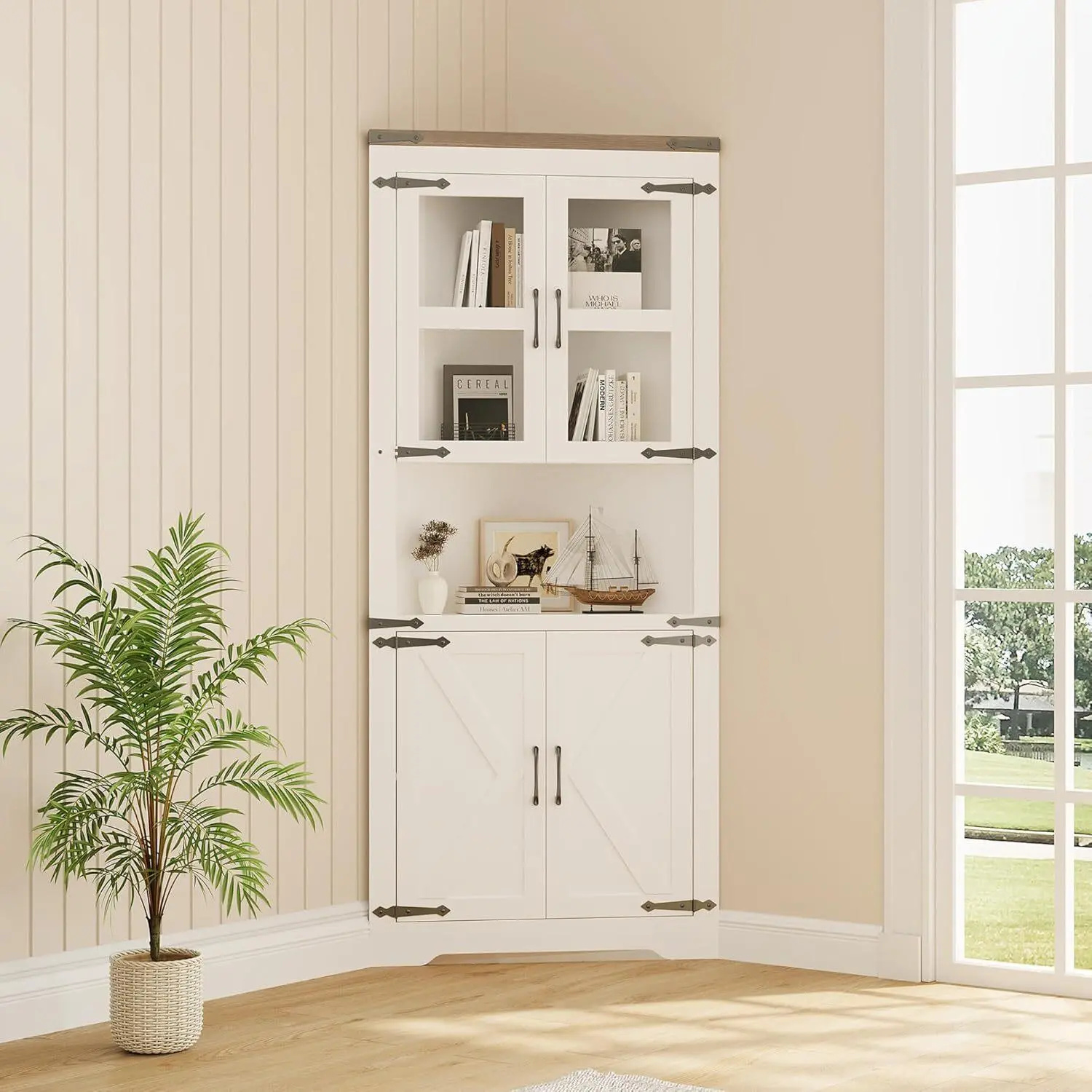 Gaomon Tall Farmhouse Corner Sideboard Buffets Cabinet - 4-Door Wardrobe Cabinet with Adjustable Shelves, for Living Room, Kitchen (White), Wardrobe Cabinet Shelves