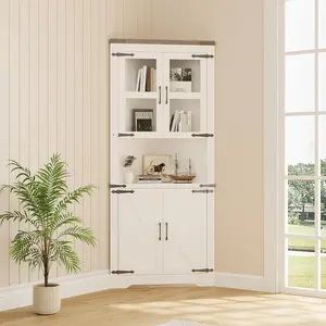 Farmhouse Corner Cabinet Tall Storage Cabinet with 4 Doors and Adjustable Shelves Bathroom Corner Cabinets with Storage for Living Room Kitchen-White