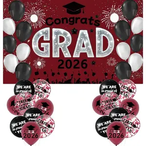 Maroon White Graduation Decorations Class of 2026 Banner with 18 Pcs Balloons Set - Large Congrats Grad 2026 Graduation Backdrop Maroon Black Graduate Balloons Decor for Grad Party Supply