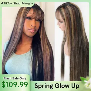 [30” Only $109.99] Menglle Hair Honey Blonde highlight 13x4 Long Straight With Bangs Glueless Human Hair Lace Front Wig Burgundy Silky Straight Lace Wig Easy Wear 180% Density#greenish#TikTokShopSpringGlowUp