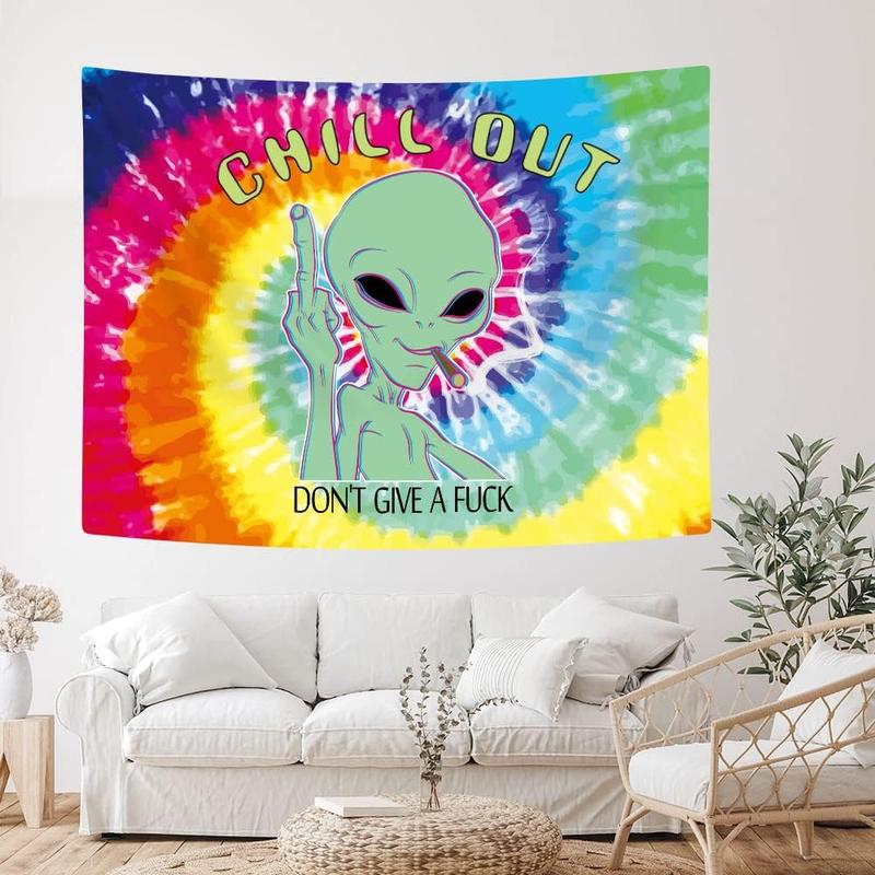 Trippy Fun Alien Tapestry Weed Marijuana Smoking Wall Tapestry for Bedroom, Psychedelic Tie Dye Stoner Tapestries for Men Aesthetic Hippie Wall Art Poster Dorm Home Decor. Multiple sizes are available for selection.
