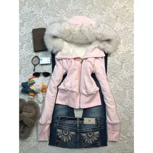 Aesthetic Vintage Slim Hooded Coat Women Winter Y2k Retro 2000s Zipper Fur Collar Hoodies Korean Streetwear Clothing 2025 New