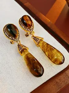 Tiger Eye Stone & Rhinestone Decor Dangle Earrings, Ethnic Pattern Earrings for Women, Fashion Jewelry for Party, Daily Decor, Trendy All-match & Exquisite Jewelry for Birthday Gift, Fashionable Jewelry Accessories