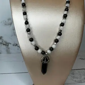 Rainbow Moonstone and Black Obsidian Gemstone Beaded Necklace