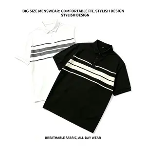 Plus-size men’s striped polo shirt, a casual short-sleeve business top made from breathable, soft fabric. It features both slim and relaxed fits, with comfortable, stretchy material for all-day comfort.