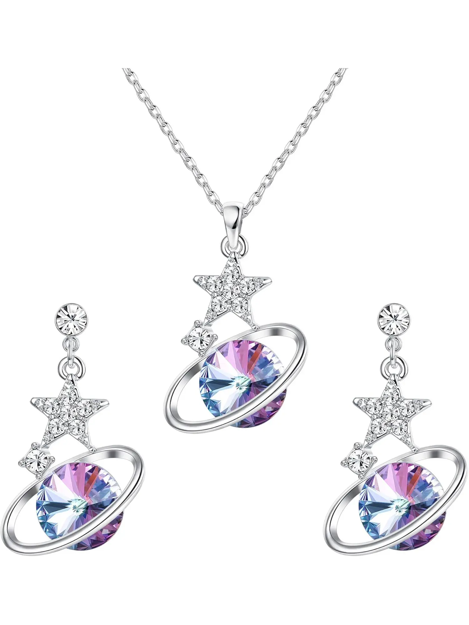Planet Jewelry Sets Made of Swarovski Crystals, Planet Necklace and Dangle Stud Earrings Set for Women Girls Star Crystal Pendant Necklace with Extender Chain, Jewelry Gift for Mothers Day