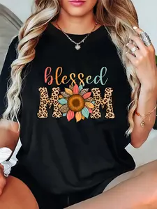 100% Cotton Mothers Day Blessed Mom Leopard Print Sunflower Mama T-Shirt