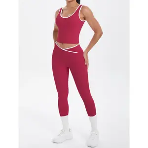 Women's Sporty Yoga Set, Colorblock Sleeveless Vest & Cross Waist Leggings, Fitted All-Season Activewear, Running Fitness Pilates, Stretchable Activewear