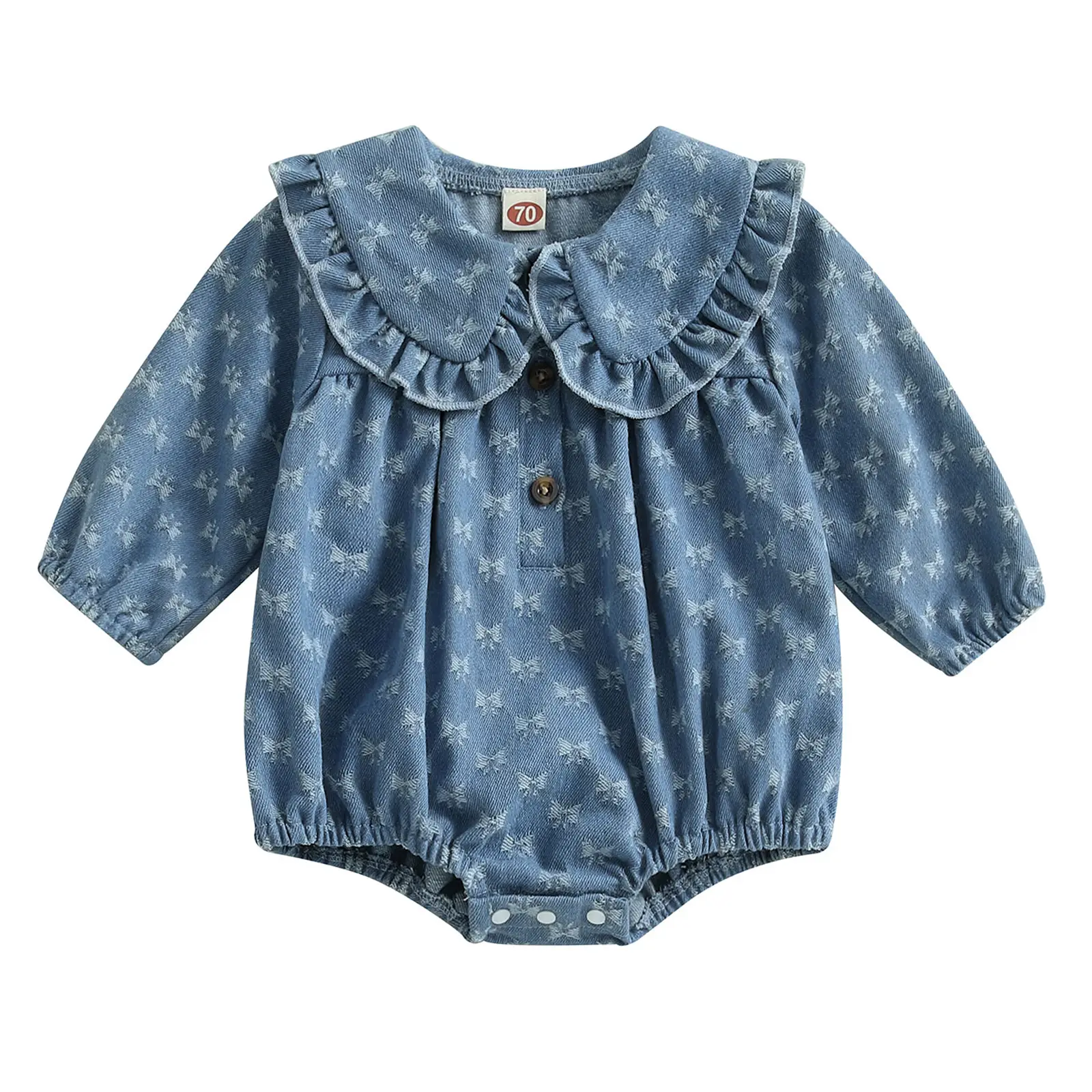 Baby Girl Denim Sweatshirt Bubble Romper Long Sleeve Doll Collar Button Bodysuit Jumpsuit Newborn Coming Home Outfit