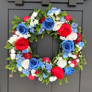 Blue Rose Wreath, 18-Inch Patriotic Theme Wreath, July 4th Independence Day Front Door Decoration, Indoor Holiday Decor