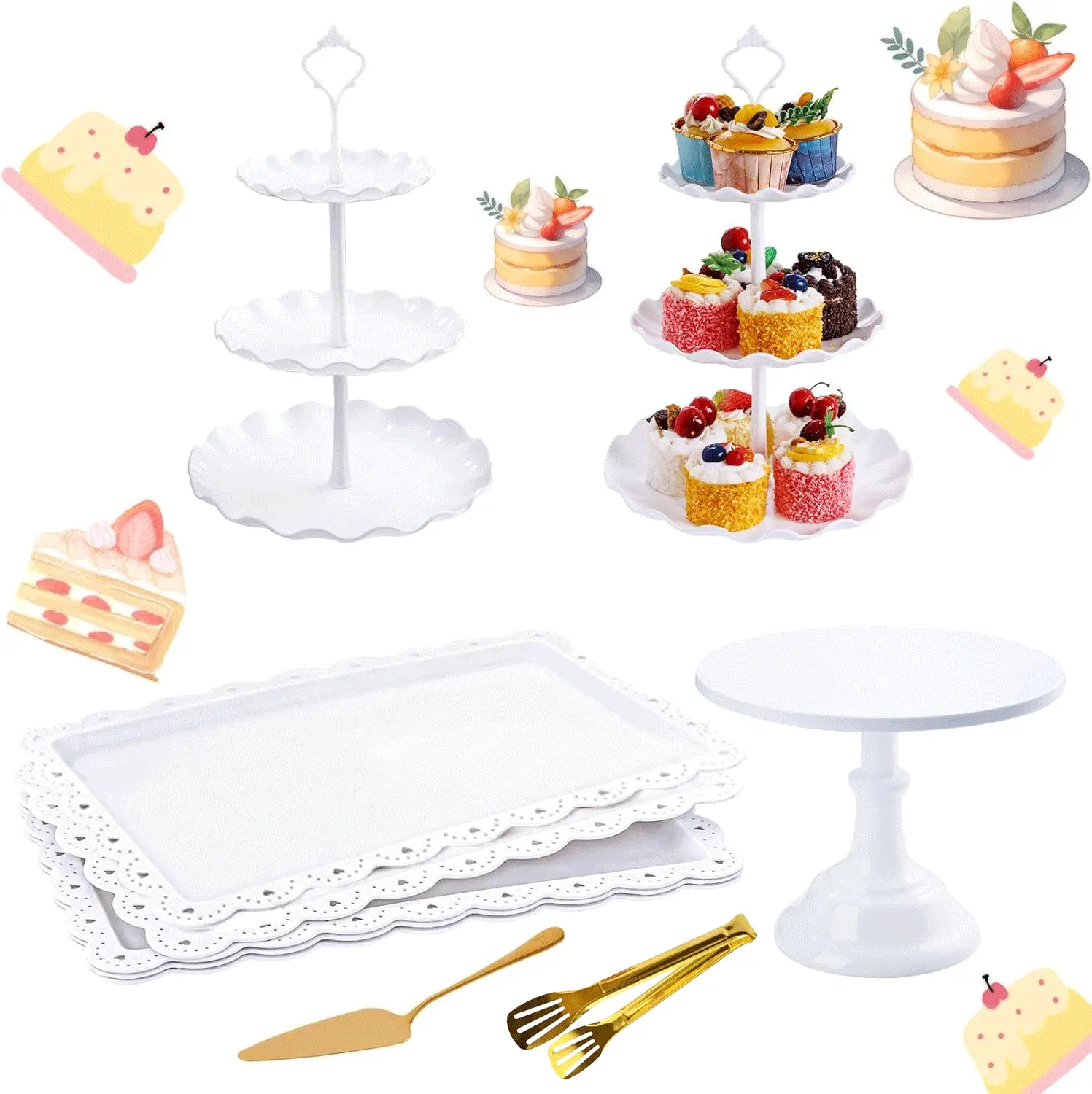 9pcs Plastic Party Dessert Display Stand Kit Set - Multi-size Detachable Reusable Wave Lace Edge Cupcake Tray Serving Platter - Home Supplies Decoration for Wedding, Baby Shower - Cake Decorating Set