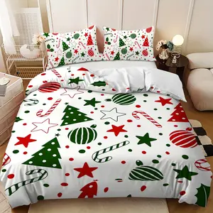 Bedding 3-piece set - 3PCS,Merry Christmas red and green Christmas element design down comforter set (1 comforter cover + 2 pillowcases, filling not included). soft and comfortable, suitable for family bedrooms.