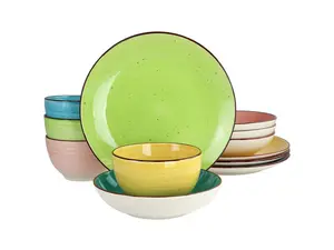 Elama Hudson 12 Piece Double Bowl Stoneware Dinnerware Set in Assorted Colors