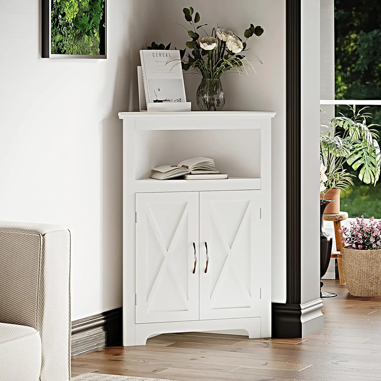 Corner Storage Cabinet, Small Corner Cabinet with Barn Door Design and Adjustable Shelf,  Space Saver for Living Room, Bathroom, Kitchen, Bedroom, White