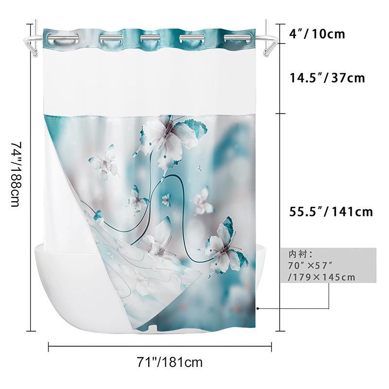 Snap Button Hookless Digital Print Waterproof Shower Curtain with Embedded Fabric Liner Set Lin Shower Curtain Partition
