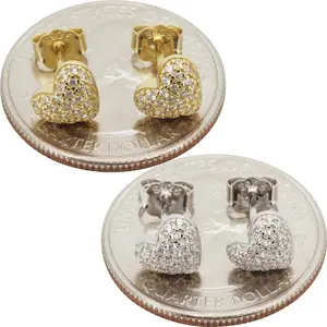 925 Sterling Silver 14k Gold Vermeil AAA Cubic Zirconia 8mm Puffy Heart Push Back Stud Earrings