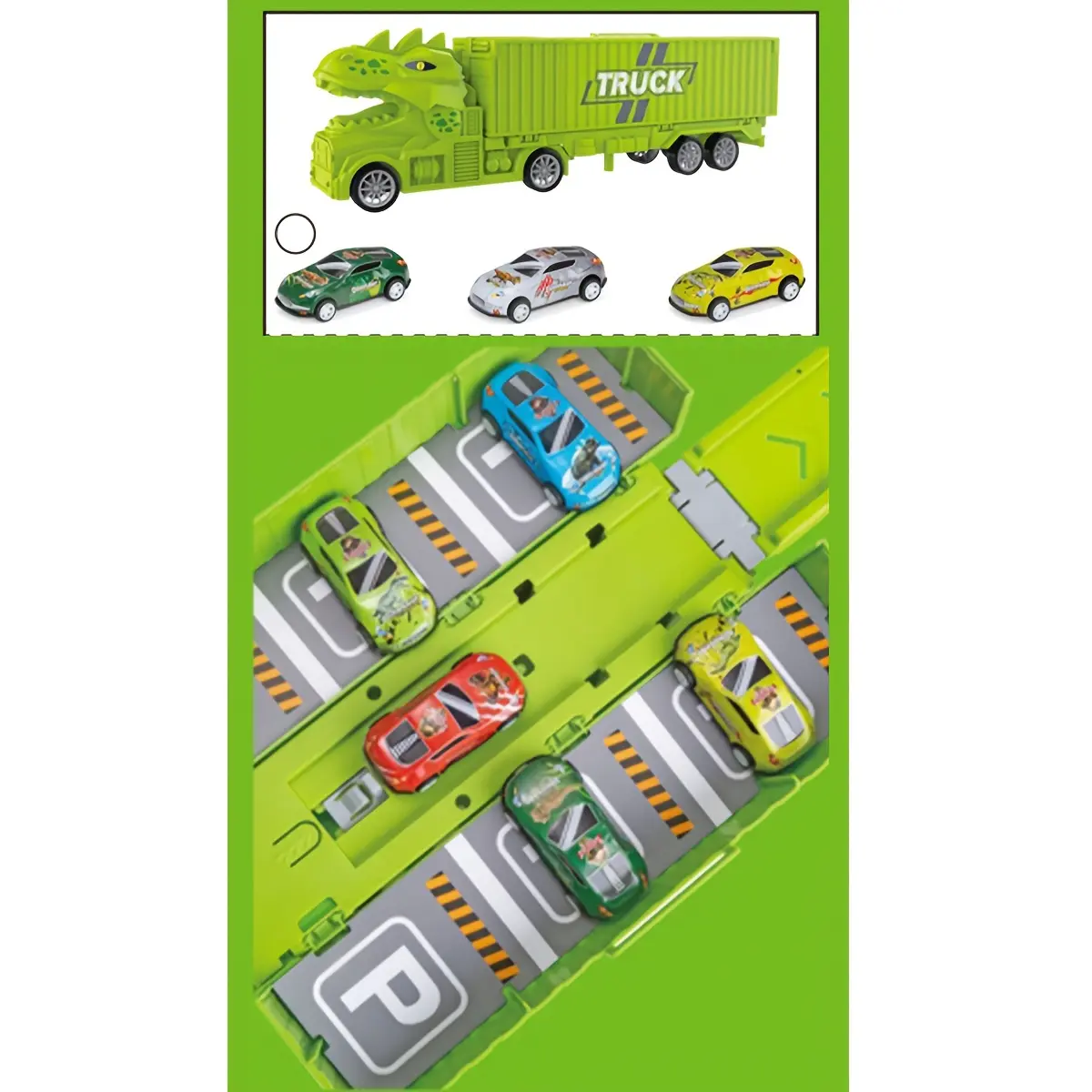 Transforming Dinosaur Truck & 3 Toy Cars with Garage Playset - Interactive, Durable ABS Construction, No Batteries Needed, for 3-4 Years Boy, Ideal for Birthdays, Supports Children Development, Has Designated Parking and Storage Areas