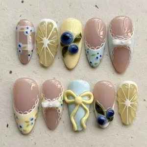 3D Lemon Blueberry Press On Nails, Cottagecore Bow Fruit Nail Art
