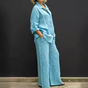 Casual Cotton and Linen Two-Piece Suit Women's Fall Long Sleeve Shirt Trousers Suit Fashion Solid Color Straight-Leg Pants Suit Women's Suit