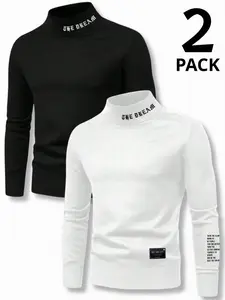 Men's autumn outfit Classic Casual Long Sleeve High Neck Fitted Shirt 2 Pack Stretch Comfortable Letter Print Polyester Long Sleeve shirt Casual Fashion Fitted
