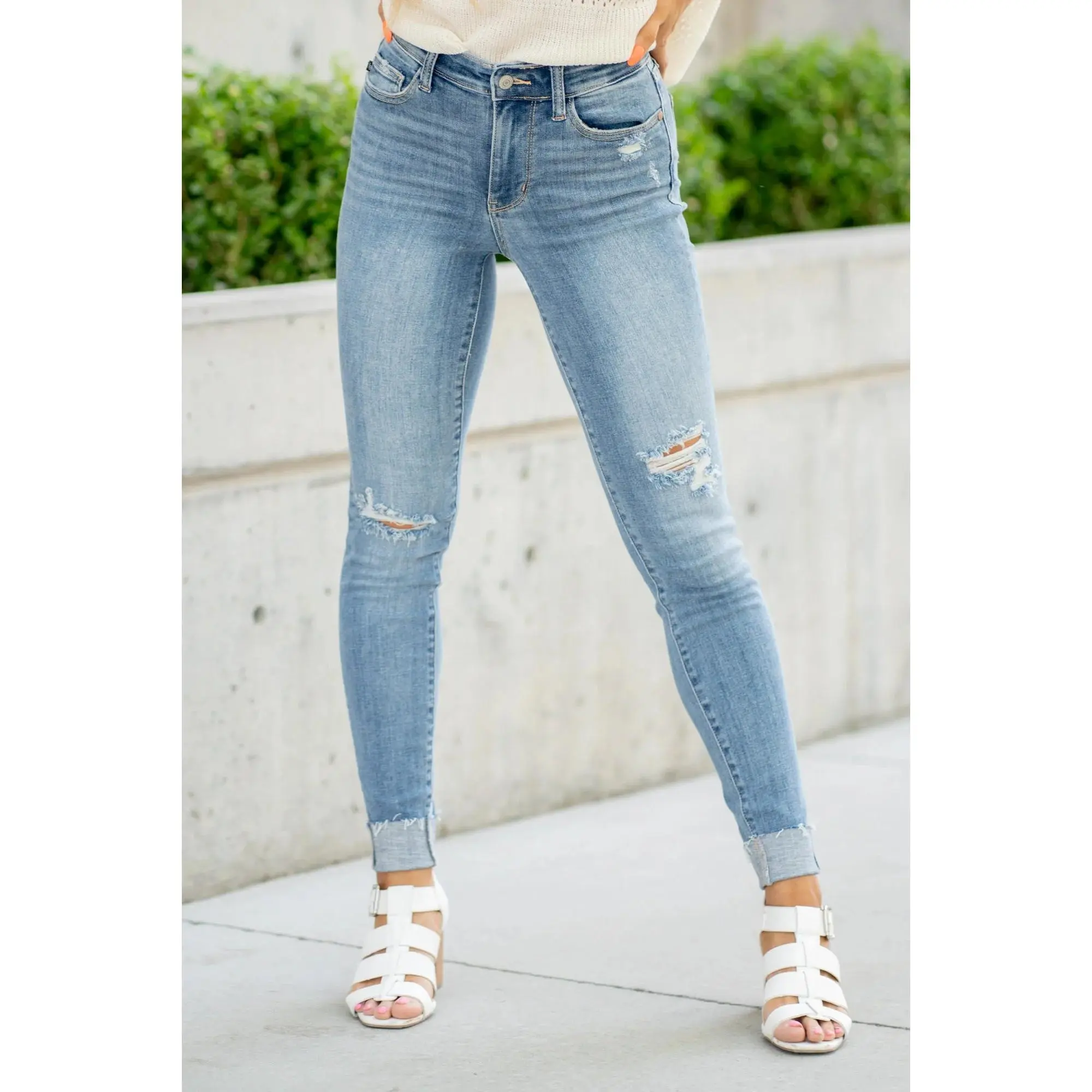 Judy Blue Mid Rise Distressed Cuffed Skinny Jeans 82528 Stretchy Cotton Comfort Denim Casual Womenswear Bottom