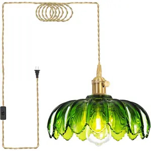 Plug-in Pendant Light Hanging Light Fixture with Green Glass E26 Pendant Lighting for Kitchen Island Bedroom Dining Room Living Room