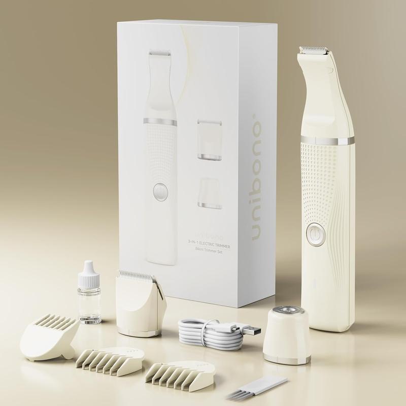 Unibono 3-in-1 Electric Razor for Women Waterproof Bikini Trimmer Rechargeable Shaver with 3 Detachable Blades USB-C Fast Charging IPX7 Waterproof for Dry & Wet Use - Multifunctional