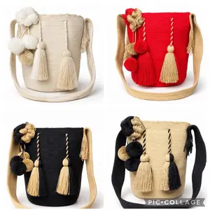 Handwoven Wayuu Bucket Bag – Solid Color Mochila Style with Floral Yarn Design, Tassels & Pom Poms | 11”