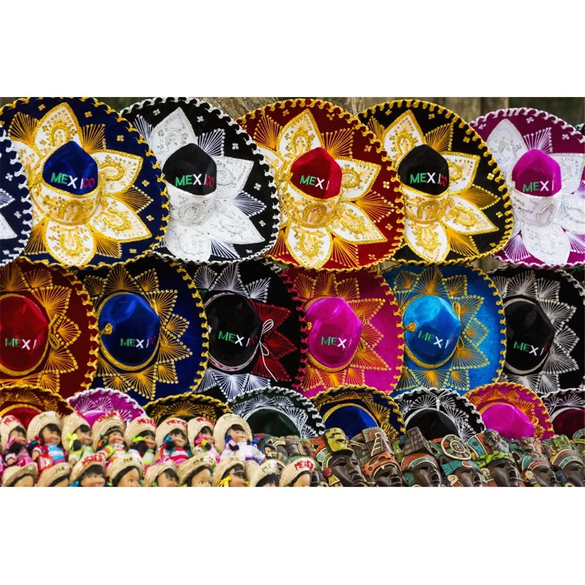 Mexican Decor Colorful Style Print Wall Poster (38x24 in) - Decorative Accent Prints with Sombrero Motifs, Mayan Masks, Mexican Dolls, Chichen Itza Yucatan Image, Living Room Decorations, Home Gift, Colorful Mexican Style Prints