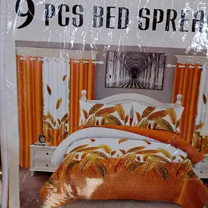 9 Piece Bedspread Sets with Curtain - Orange Leaf Design Comforter Set for Bedroom Decor Blue And black