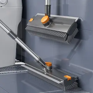 2-in-1 Floor Scrub Brush ,Long Handle Floor Brush with Squeegee , Adjustable Stiff Bristle Shower Scrubber ,Heavy Duty Floor Cleaning Brush ,Bathroom Kitchen Deck Cleaner , Hair Remover Tool