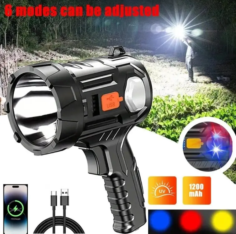 Solar USB Rechargeable LED Spotlight 6 Modes Handheld Flashlight IPX4 for Camping,with Red Blue Warning Lights power emergency Light