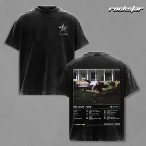 Malcolm Todd Vintage Washed T-Shirt & Hoodie, Star Portrait Graphic Tee Pullover with Tracklist Design, Oversized Black Heavyweight Streetwear Apparel for Men Women Music Fans