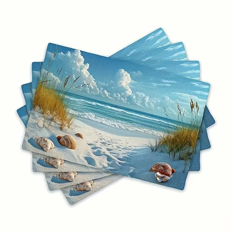 2D flat printing, 2-piece/4-piece/6-piece/8-piece linen dining table mat set, blue beach shell popular home dining mat, seasonal holiday decoration simple retro washable tablecloth 12x18 inches Placemat