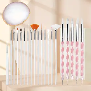1 Set Nail Art Design Tools - 15pcs Painting Brushes Set with 5pcs 2-way Dotting Pens & Gold-rimmed Resin Palette, White