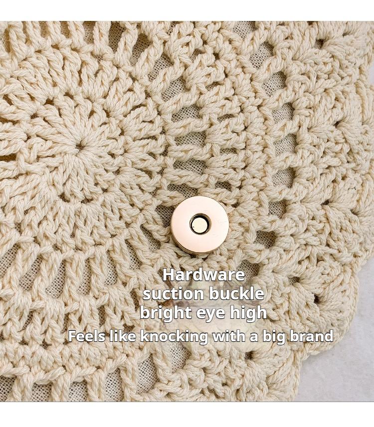 Lace-trimmed crossbody cotton woven bag, openwork straw shoulder bag, vacation-style beach bag, versatile women's bag.