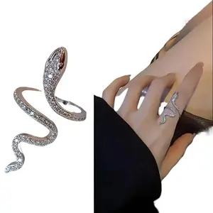 2pcs Trendy Serpentine Adjustable Open Ring for Women, Inlaid with Shiny Synthetic Zircon, Fashion Snake Shape Jewelry, Ideal for Daily Casual and Formal Occasions