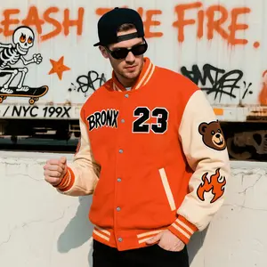 Classic Men's Baseball Jacket 100% Polyester Durable Wind-Resistant Orange & Apricot Colorblock BRONX Skull “23” Graphic Varsity Coat Y2K Vintage Retro Old-School Casual Sports SWAG Streetwear Light Fleece-Lined Winter Jacket Trendy Gift for Boyfriend