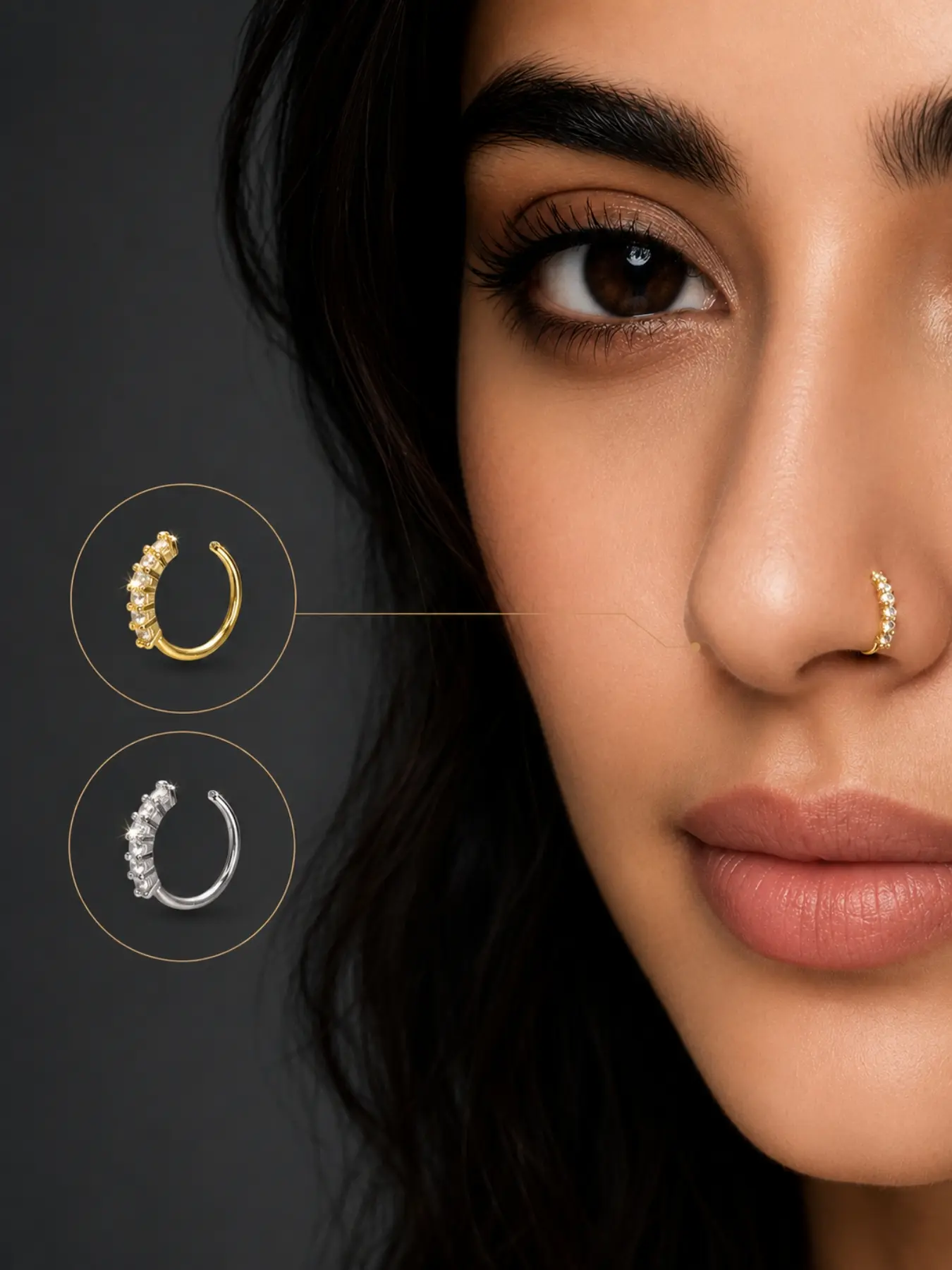 Luxurious Zircon Nose Ring for Women, Punk Sweet Cool Daily Party Accessory, Elegant All-Over Print Copper Chain, No-Drill Design