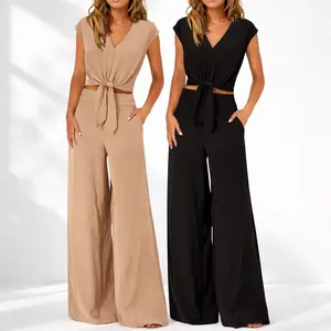 Two-Piece Set – Women’s Summer Sleeveless V-Neck Tie Crop Top & Wide Leg Pants, Casual Fashion Matching Outfit for Spring & Summer