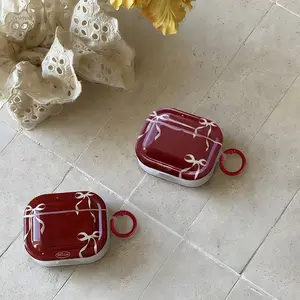 Wine Bowknot Headphone Protection Case for AirPods 3 4 Pro, Shockproof Design with Convenient Carrying Strap, Earbuds Gift